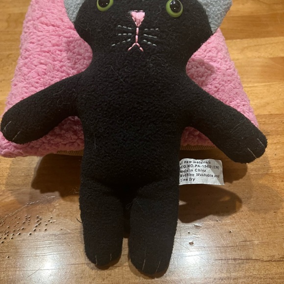 Black Cat Plush Tucked in Pink and Brown Bed Blanket - Picture 4 of 4